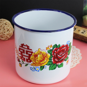 网红怀旧搪瓷喜字蛋糕装饰摆件 红色喜囍茶缸子生日摆件蛋糕杯子