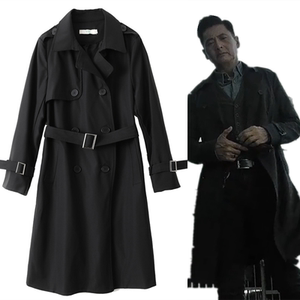 电影无双周润发同款衣服黑色风衣中长款双排扣收腰系腰带男士外套