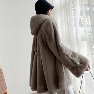 丹麦进口貂皮大衣女连帽收腰喇叭袖水貂整貂皮草外套天鹅绒水貂