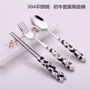 304不锈钢奶牛陶瓷餐具 筷子勺子叉子套装 情侣餐具 旅行盒装包邮