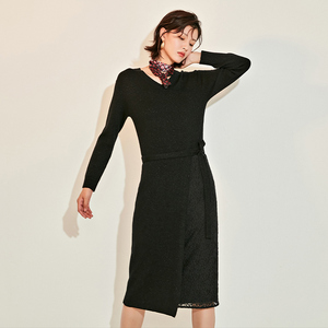 vilan/慧兰羊毛连衣裙v领系带拼接蕾丝秋冬新款中长款显瘦针织裙