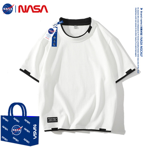 NASA联名短袖T恤男百搭宽松纯棉青少年夏季设计感假两件休闲上衣