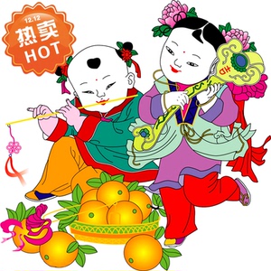 门神装饰画 年画卡通娃娃 中国传统福娃新年喜气可爱插画贴画照片