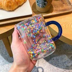 彪悍一条鱼淘宝双层流沙玻璃杯透明精致水杯女生防烫带把手牛奶杯子