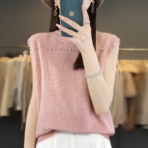 夏季新款圆领蕾丝珍珠背心女韩版超细精纺羊毛针织吊带短袖打底衫