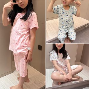 出口日本夏季男女儿童短袖短裤五分睡衣套装氨棉宽松舒适家居服