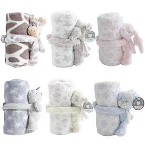 婴儿法兰绒毯100*75CM带安抚玩偶可爱毛绒玩具被子两用宝宝盖毯