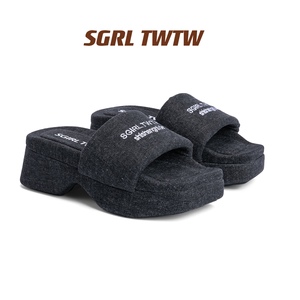 SGIRL TWTW2024新款牛仔棉布鞋透气设计感高跟露趾拖鞋外穿凉拖女