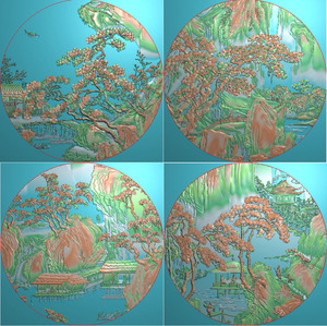 圆山水画柜子门板背板精雕图浮雕灰度图雕刻木雕石雕圆形山水柜门