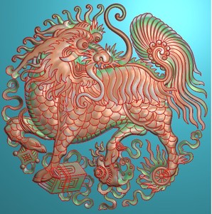 佛教八宝麒麟瑞兽藏式动物花板门板瑞兽精雕图浮雕图灰度电脑雕刻