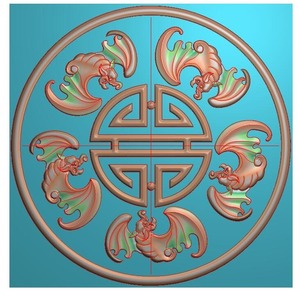 圆挡板雕刻精雕图灰度浮雕图五福捧寿圆形木雕寿材挡板圆蝙蝠寿字