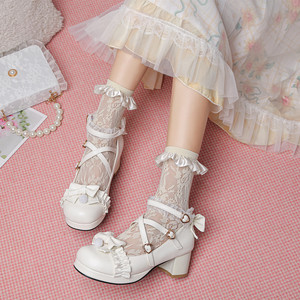 原创白色蝴蝶结lolita鞋子lo娘jk鞋甜美可爱日系洛丽塔圆头高跟鞋