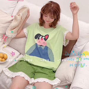 夏季女式甜美花边睡衣套装纯棉坎袖短袖短裤卡通韩版家居服小清新