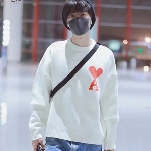ami代购2021秋冬新款肖战同款男女圆领宽松爱心桃针织衫羊毛毛衣