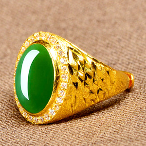 金镶玉男戒黄金戒指男士999足金镶嵌和田碧玉戒指可调节