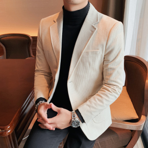 秋冬韩版修身男士华夫格灯芯绒小西装时尚纯色休闲西服厚单西外套