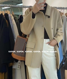 韩国kapok 女装中长款羊绒双面毛呢大衣2021秋冬系带呢子外套