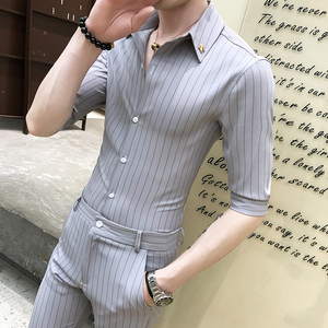 条纹七分袖衬衫男长袖两件套发型师潮韩流版修身英伦休闲短袖套装