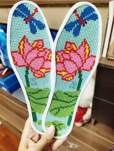 精美纯手工十字绣满绣成品结婚用品婚嫁吸汗透气针孔鞋垫蜻蜓荷花