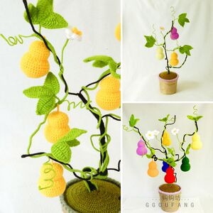 七彩葫芦盆栽毛线仿真花盆景钩针编织工艺品装饰摆件手钩花朵