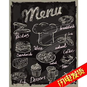 0228手绘复古西餐厅黑板背景粉笔字画菜单汉堡咖啡蛋糕矢量素材