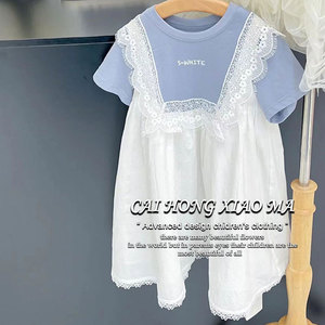 韩国童装女童连衣裙夏季2024新款小女孩洋气蕾丝边拼接短袖T恤裙