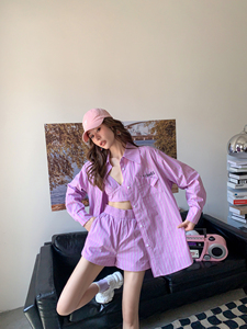 设计师品牌LEISURE粉紫色条纹衬衫弹力吊带背心短裤