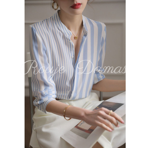 Rouje Damas 蓝色立领条纹衬衫女夏季薄款高级感衬衣防晒长袖上衣