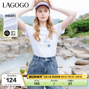 Lagogo拉谷谷白色减龄字母印花正肩T恤女2024夏新款休闲洋气短袖