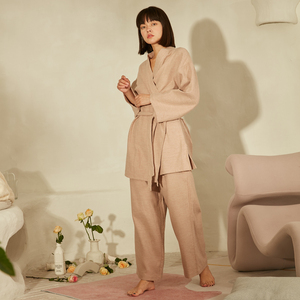朵朵可可睡衣女秋季纯棉双层磨毛简约斜襟系带家居服套装cz022