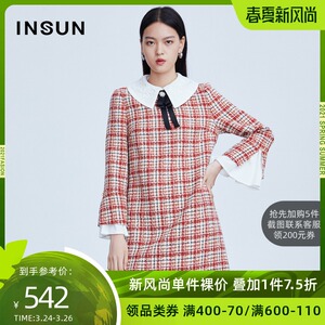 恩裳蔻冬季新款撞色蕾丝翻领喇叭袖羊毛粗花呢小香风连衣裙
