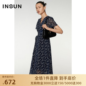 恩裳蔻夏季经典时尚休闲v领短袖修身收腰中长款印花连衣裙