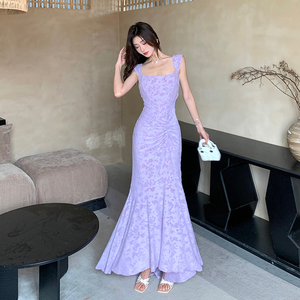 韩国chic夏季法式茶歇紫色碎花小飞袖修身包臀淑女鱼尾吊带连衣裙