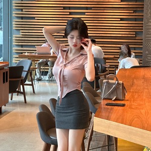 韩国chic夏季纯欲风不规则修身领带短袖衬衣包臀半身裙职业套装女