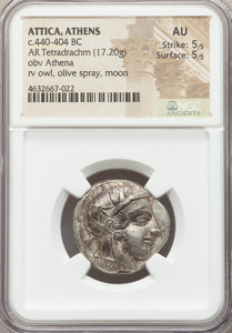 古希腊银币雅典娜猫头鹰四德银币 4德 440-404 bc ngc au 5/5