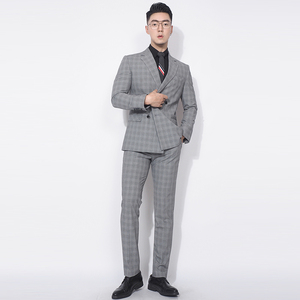 川泽男士双排扣西装二件套新款韩版修身灰色套西商务格子西服套装