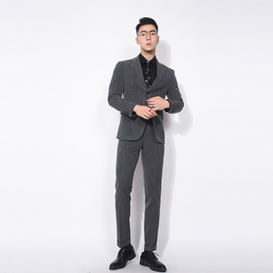 川泽男士时尚单排扣西装二件套新款韩版修身灰色个性西服套装微弹