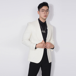 川泽男士米白色礼服领西装外套新款韩版修身宽领一粒扣纯色单西服