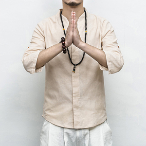 夏季棉麻衣中国风男装青年薄款衬衫七分袖上衣服V领亚麻汉服中式