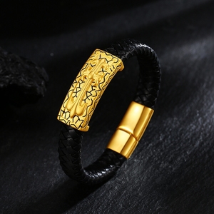 黄金刺青手链男3d硬足金路路通皮绳男士手串霸气黄金手链送男友
