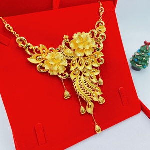 足金真金凤凰花孔雀花黄金套链项链结婚佩戴新娘嫁妆大气精工金饰
