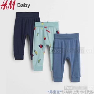 HM婴儿卡通昆虫图案休闲裤子绿色深蓝色长裤3件春秋季男宝宝童装