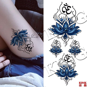 king纹身贴 防水男女持久 通用遮瑕 蓝色梵文莲花荷花 原创刺青