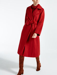 2019MAXM*RA冬季新品正红色羊绒大西服领系带中长款大衣气质显瘦