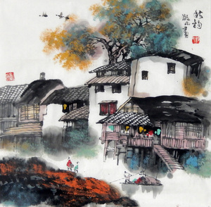 谭微中手绘真迹原稿国画江南水乡山水画水墨画三尺斗方秋韵x60782