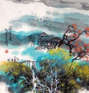 谭微中手绘真迹原稿国画彩墨山水三尺斗方水墨画山乡春意浓x60793