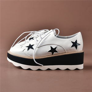 青年女士松糕鞋5.14l69276圆头坡跟厚底单鞋休闲星星增高系带女鞋