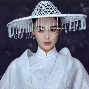 古风帽子镂空斗笠张馨予同款帽白色走秀吊珠流苏斗笠侠女帽白帽