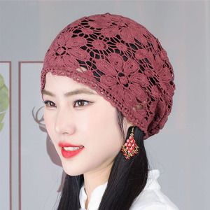 2021年新款夏季帽子女帽头巾帽钩线钩花帽子网眼镂空薄款帽遮白发