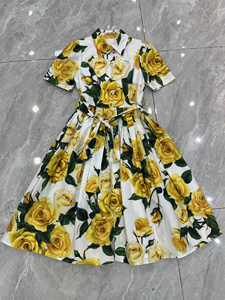 欧美时尚女神D家同款定位黄玫瑰棉布印花大摆连衣裙高品质